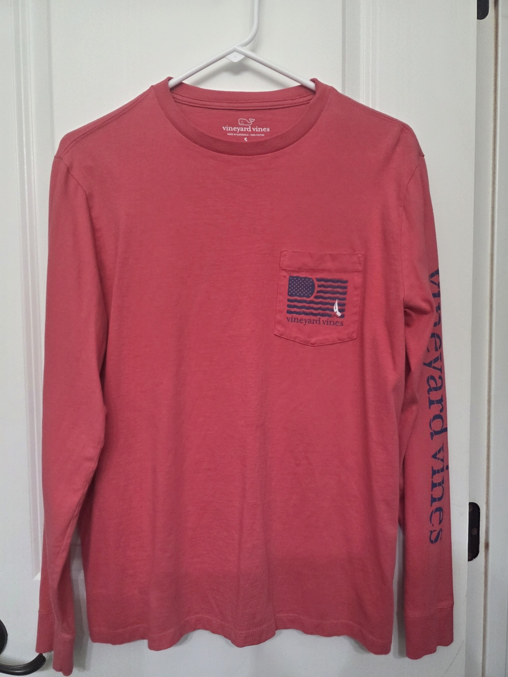 Vineyard Vines Coral Long-Sleeve Pocket Tee with Navy Chest Graphic